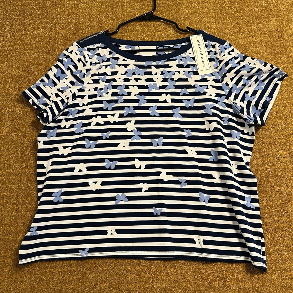 NWT Alfred Dunner Butterfly Boat Neck T-Shirt Blue Womens XL